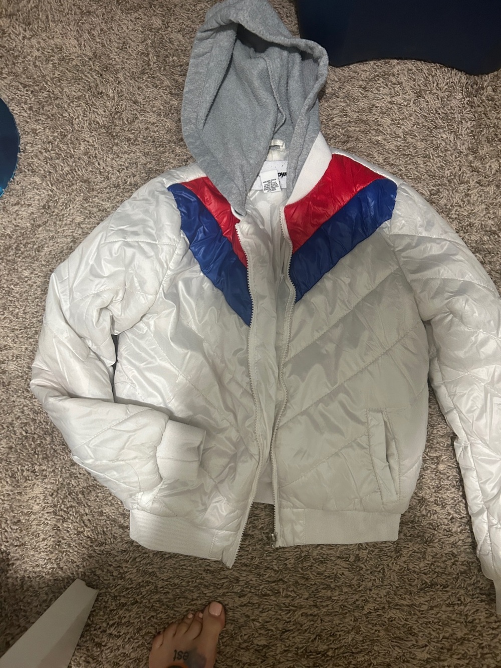 Women’s White Puffer Jacket with Red & Blue Accents and Grey Hood